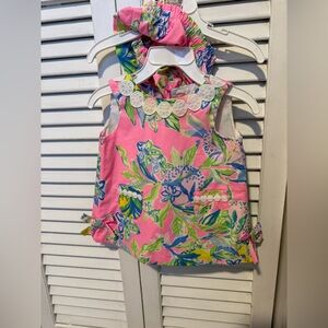 Lilly Pulitzer Pink Tropical Floral Girls Top with Matching Scrunchie